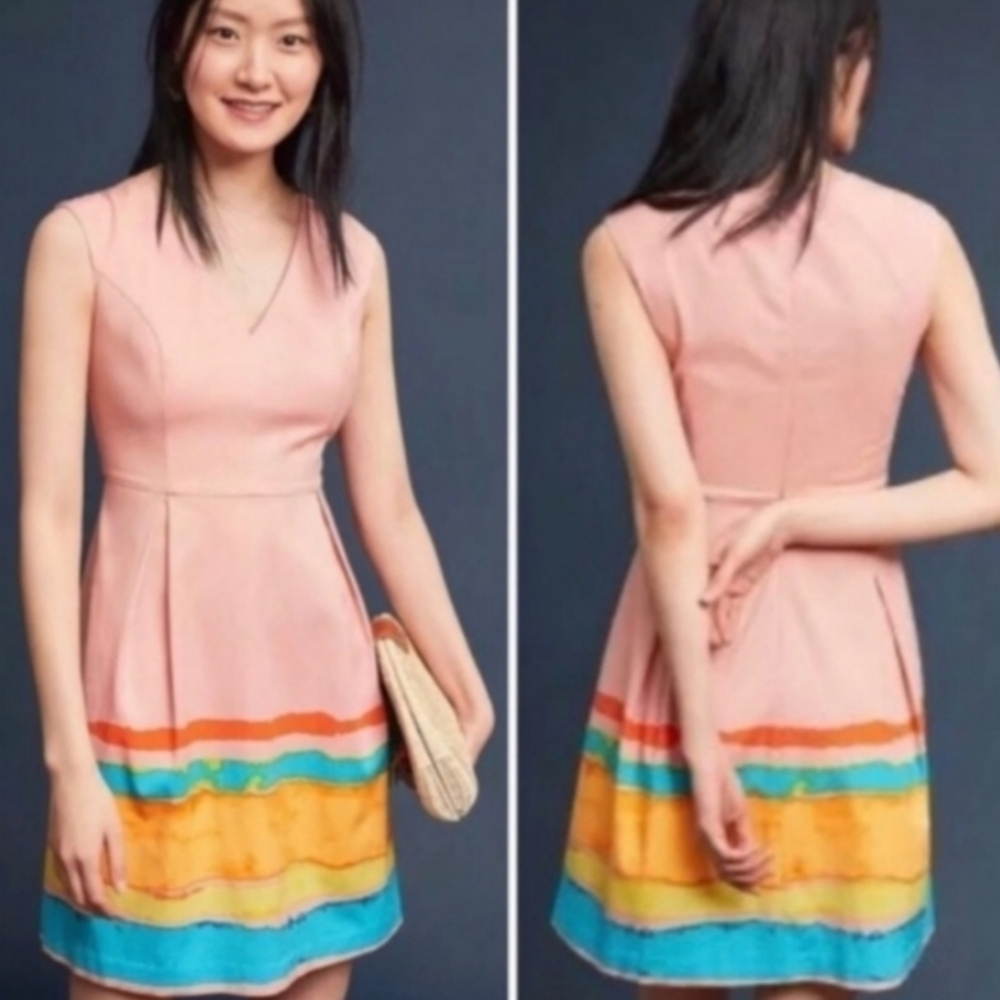Anthropology Tracy Reece Watercolor Fit Flare Colorful V Neck Sleeveless Dress